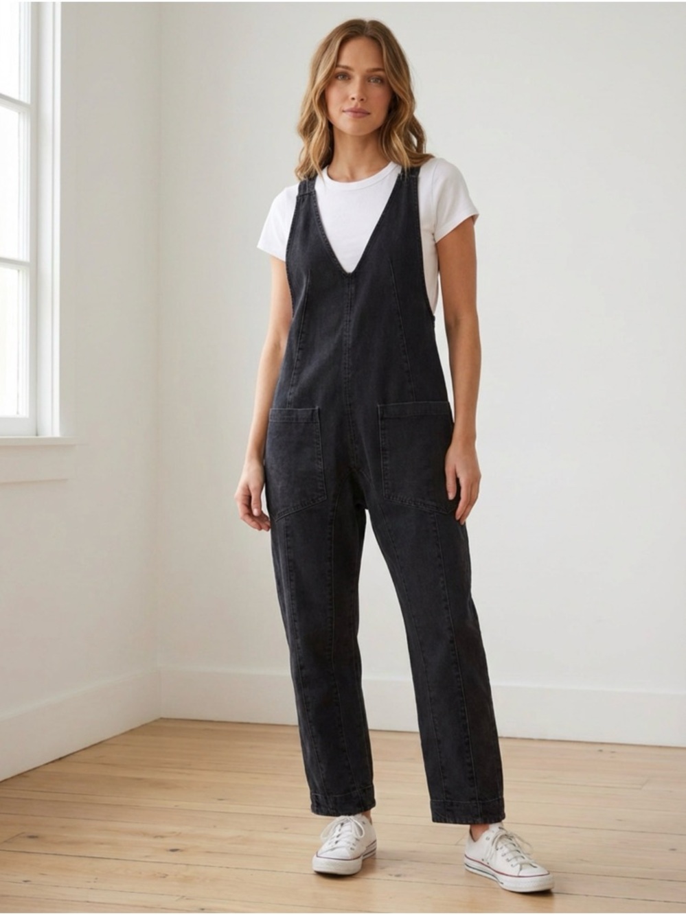 We The Free Black V-Neck Denim Overalls